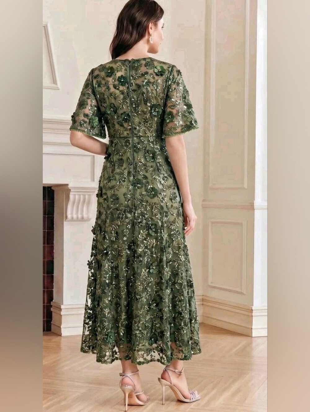 New Luxe Sequin Long Dress Flutter Short Sleeve Olive Green - Picture 5 of 12